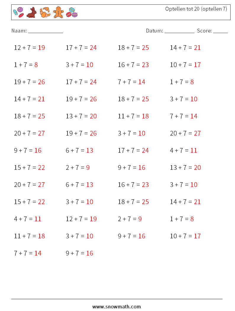 (50) Optellen tot 20 (optellen 7) Wiskundige werkbladen 2 Vraag, Antwoord