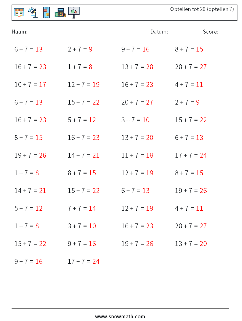 (50) Optellen tot 20 (optellen 7) Wiskundige werkbladen 3 Vraag, Antwoord