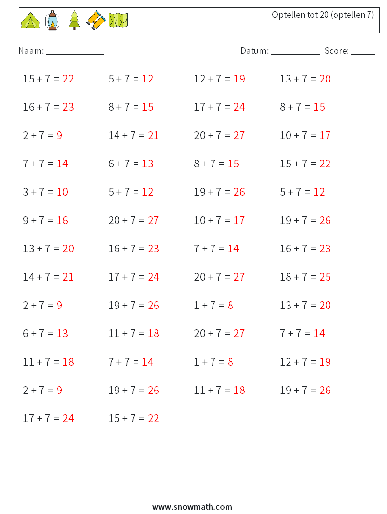 (50) Optellen tot 20 (optellen 7) Wiskundige werkbladen 5 Vraag, Antwoord
