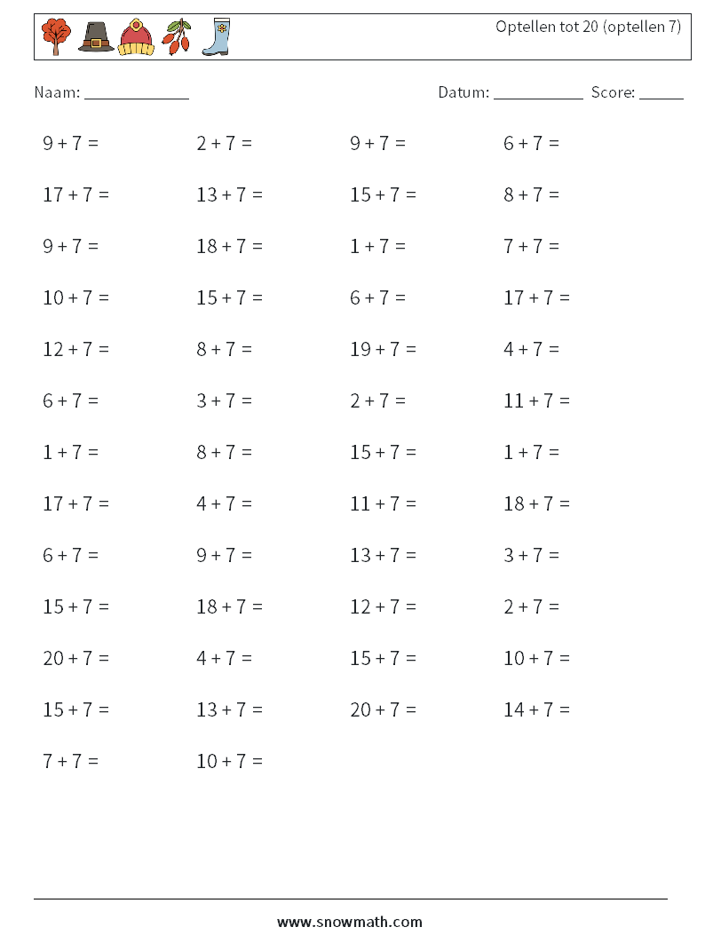 (50) Optellen tot 20 (optellen 7) Wiskundige werkbladen 6