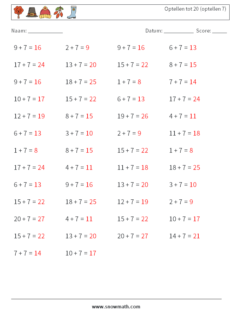 (50) Optellen tot 20 (optellen 7) Wiskundige werkbladen 6 Vraag, Antwoord
