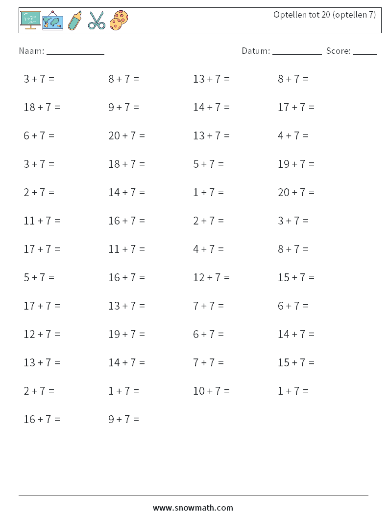 (50) Optellen tot 20 (optellen 7) Wiskundige werkbladen 7