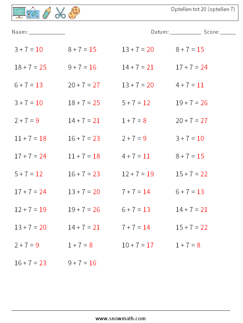 (50) Optellen tot 20 (optellen 7) Wiskundige werkbladen 7 Vraag, Antwoord