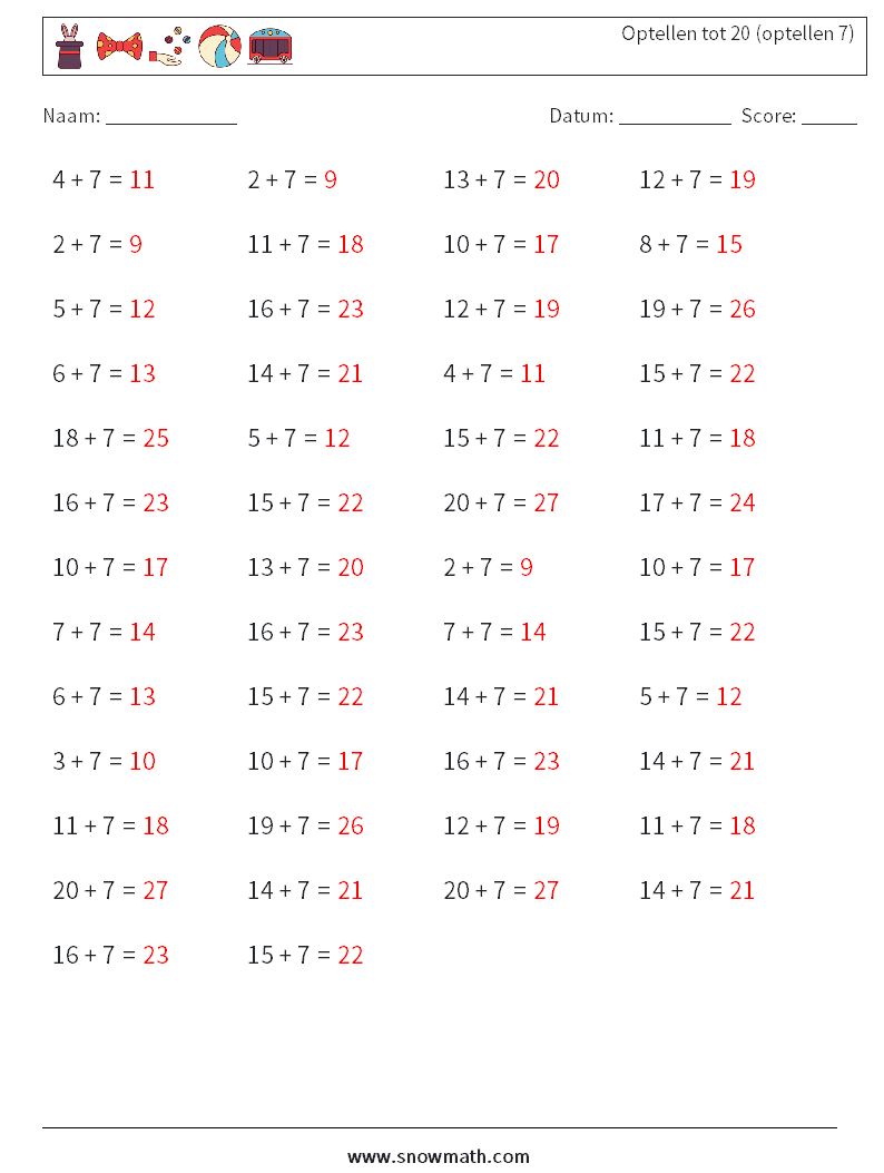 (50) Optellen tot 20 (optellen 7) Wiskundige werkbladen 8 Vraag, Antwoord