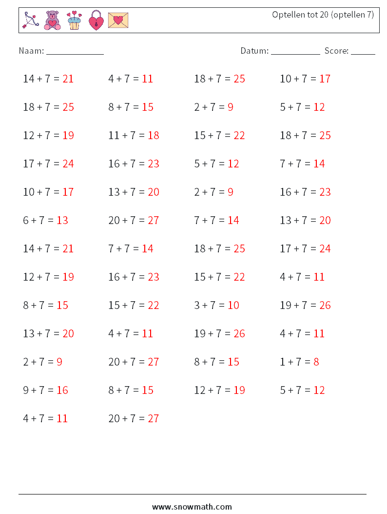 (50) Optellen tot 20 (optellen 7) Wiskundige werkbladen 9 Vraag, Antwoord