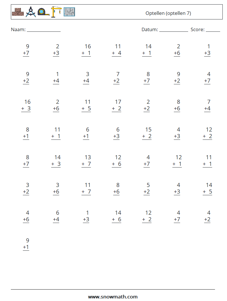 (50) Optellen (optellen 7) Wiskundige werkbladen 10