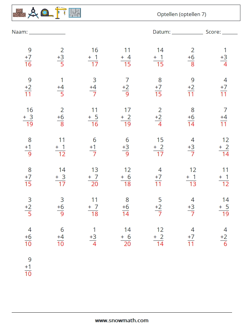 (50) Optellen (optellen 7) Wiskundige werkbladen 10 Vraag, Antwoord