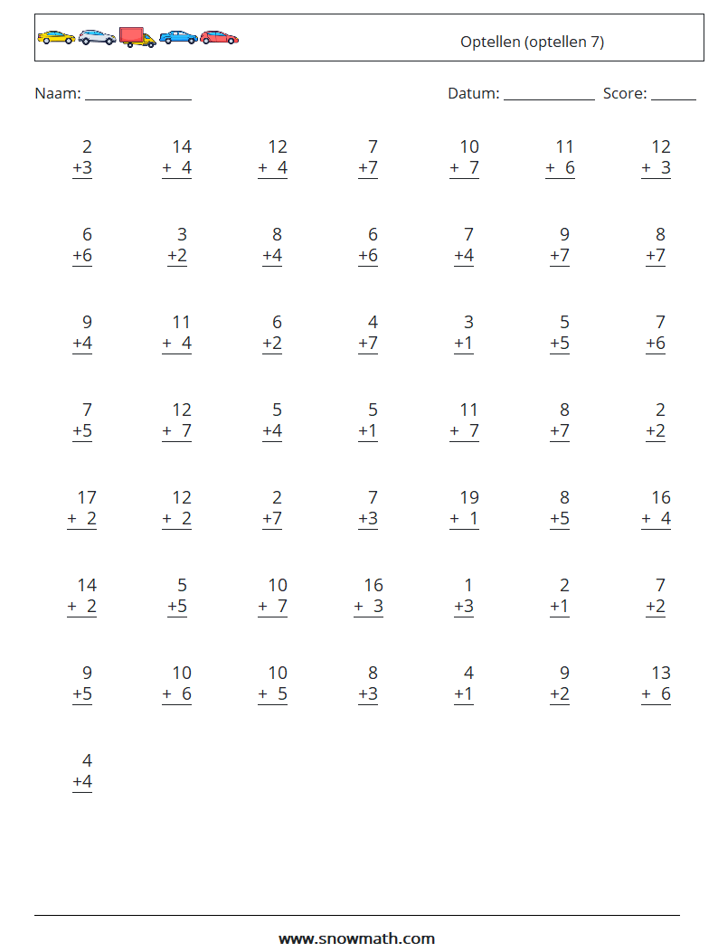 (50) Optellen (optellen 7) Wiskundige werkbladen 12