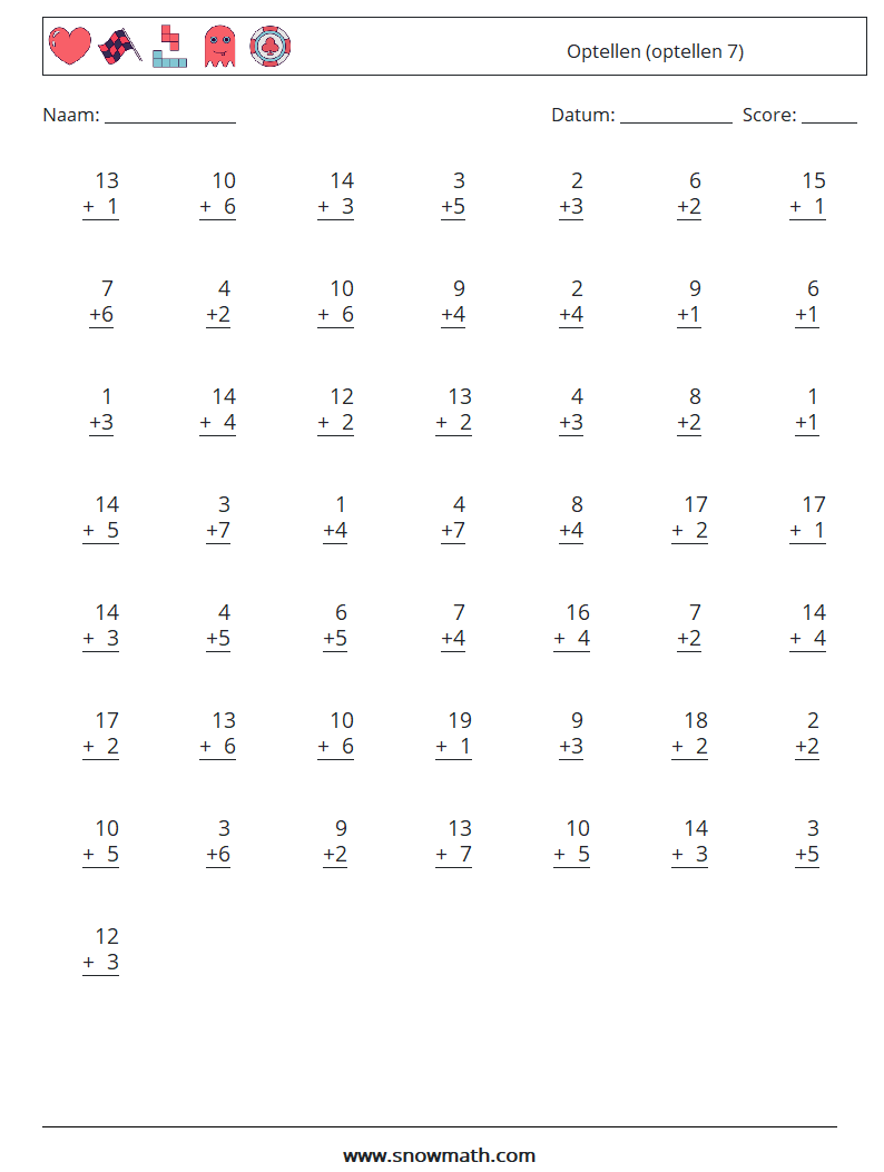 (50) Optellen (optellen 7) Wiskundige werkbladen 13