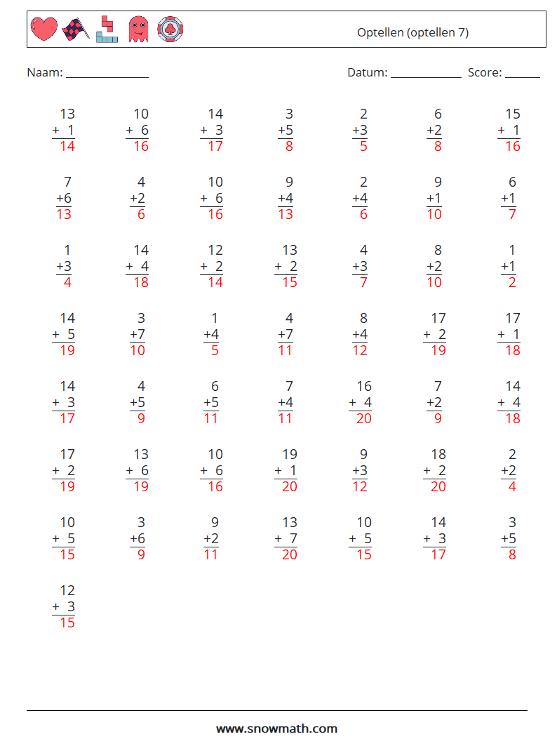 (50) Optellen (optellen 7) Wiskundige werkbladen 13 Vraag, Antwoord