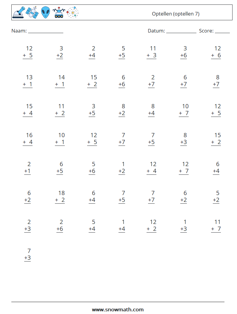 (50) Optellen (optellen 7) Wiskundige werkbladen 14