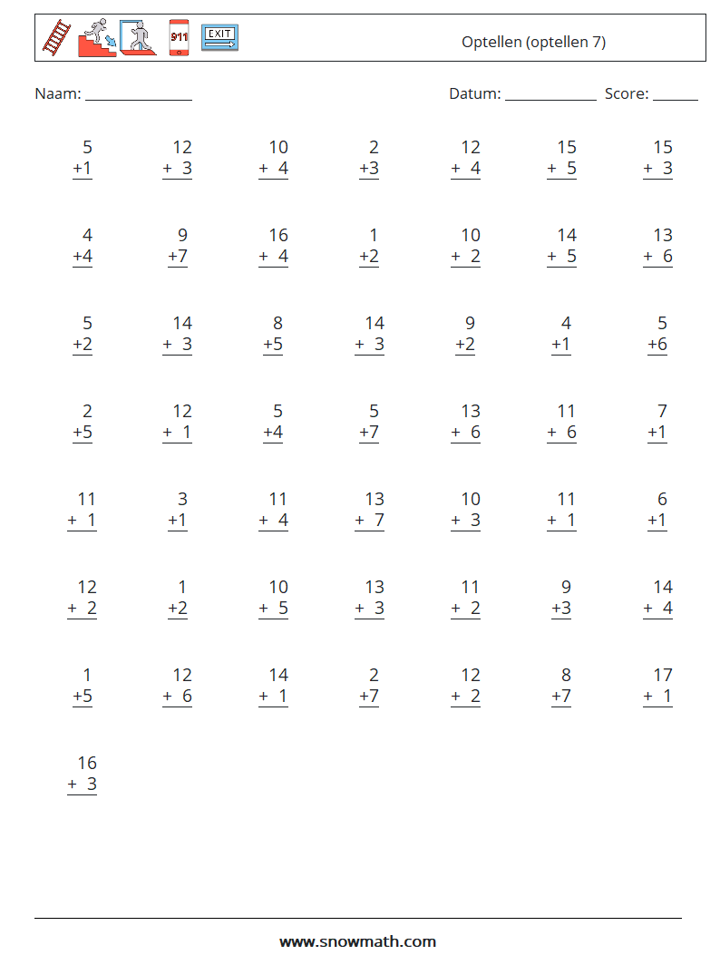 (50) Optellen (optellen 7) Wiskundige werkbladen 15