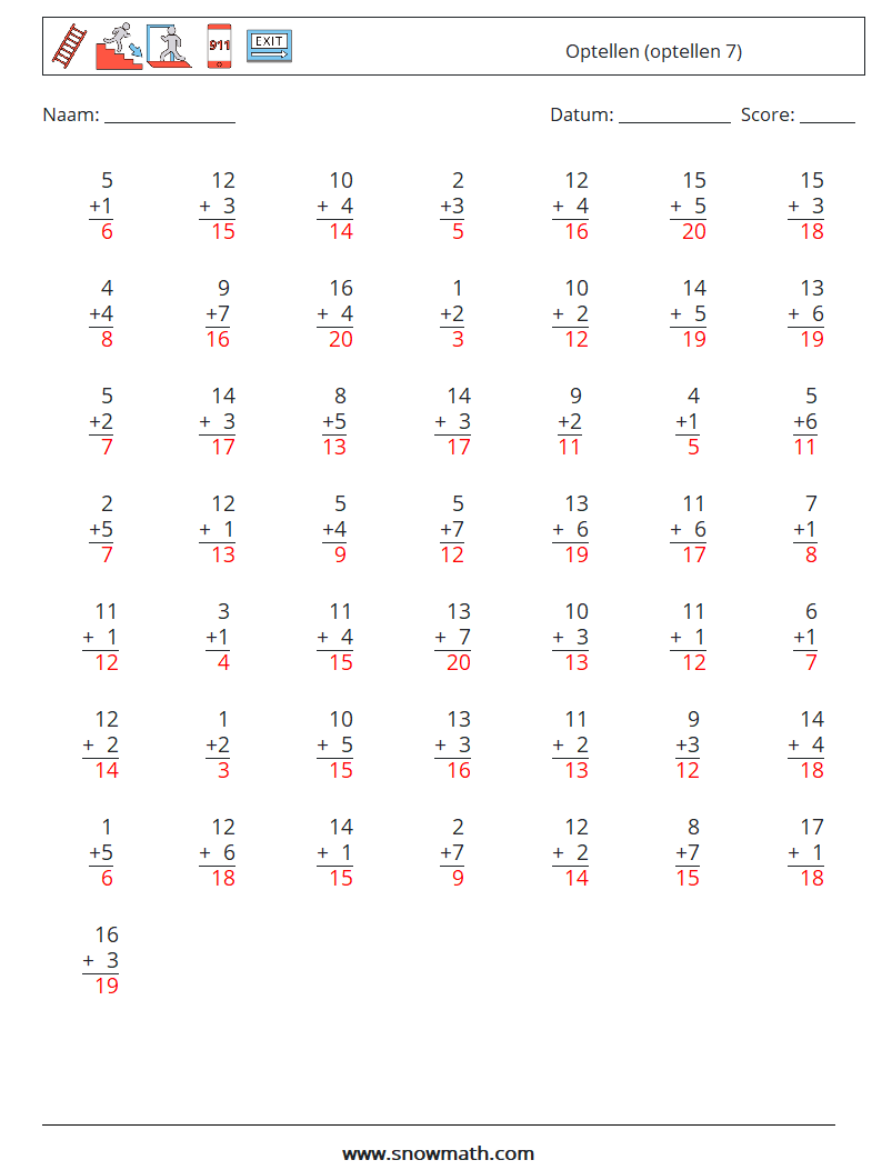 (50) Optellen (optellen 7) Wiskundige werkbladen 15 Vraag, Antwoord