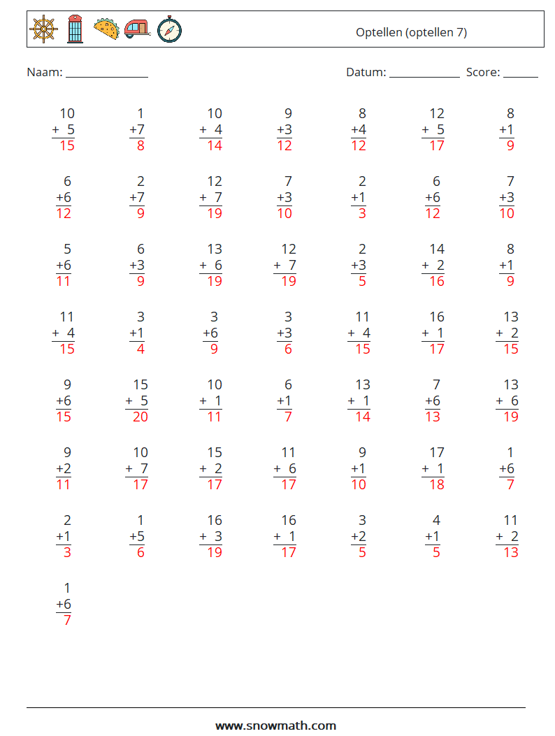 (50) Optellen (optellen 7) Wiskundige werkbladen 16 Vraag, Antwoord