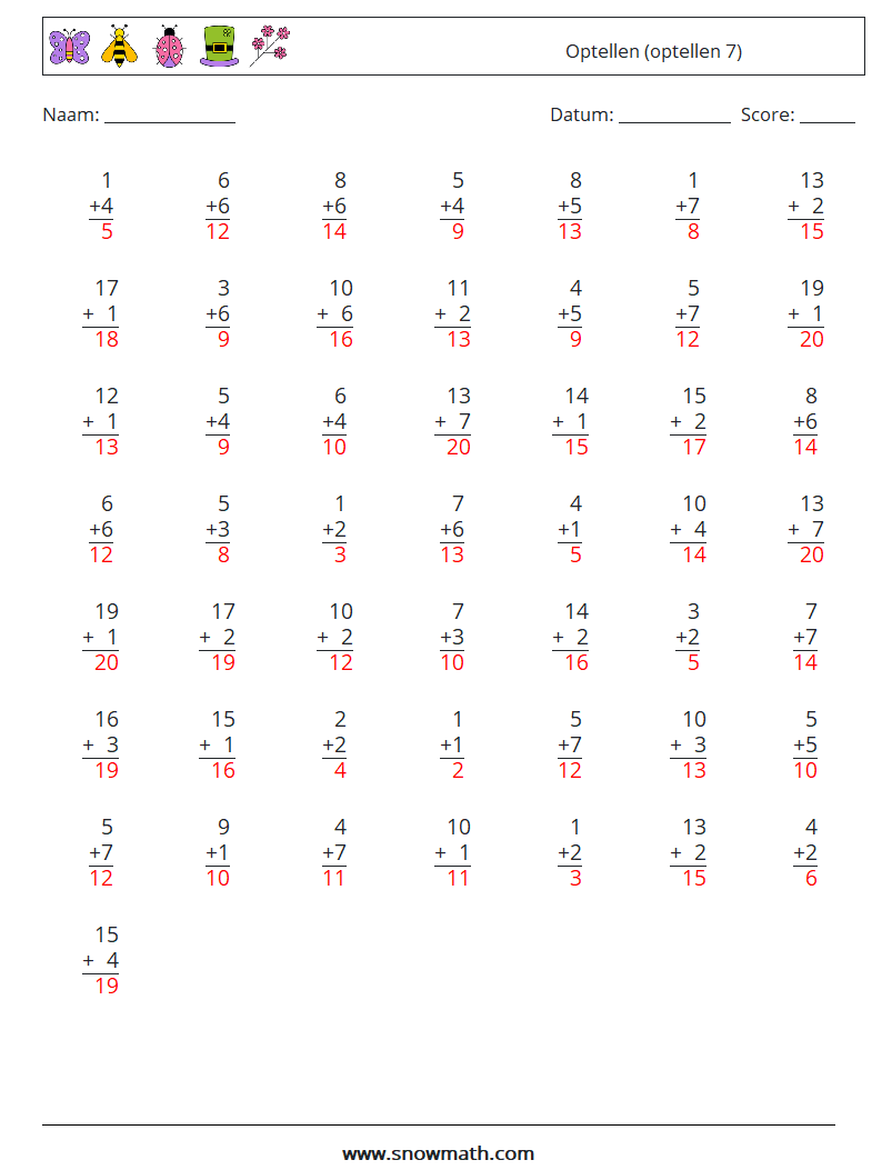 (50) Optellen (optellen 7) Wiskundige werkbladen 17 Vraag, Antwoord