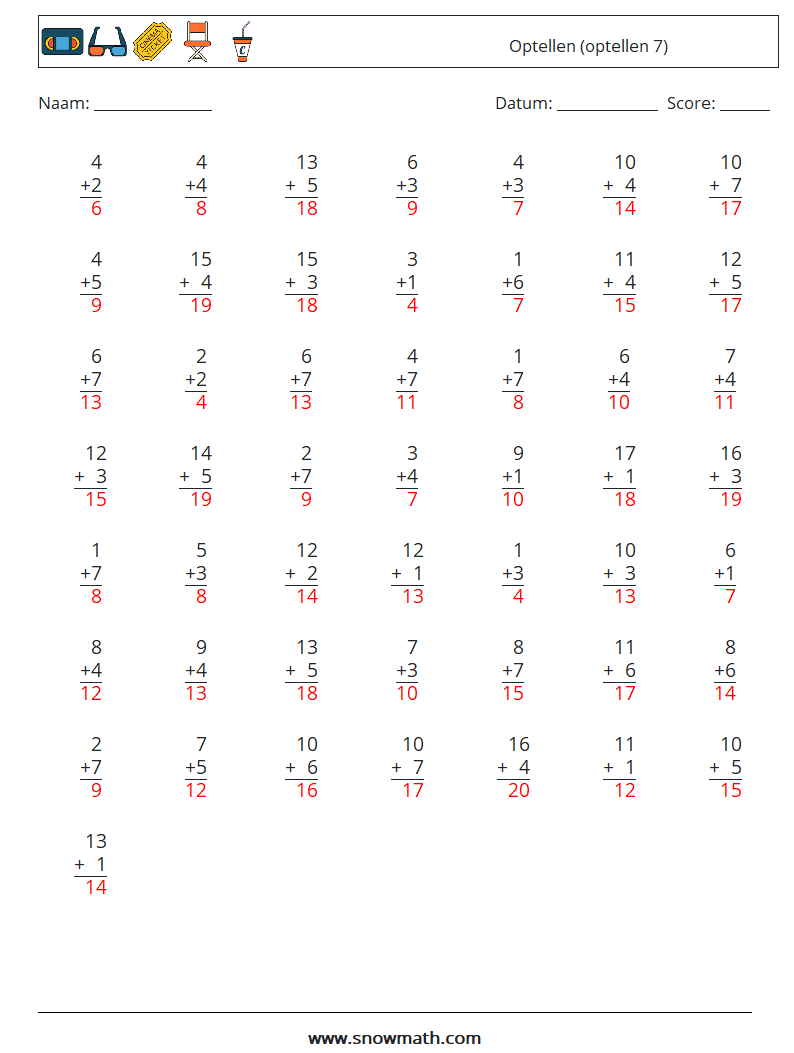 (50) Optellen (optellen 7) Wiskundige werkbladen 18 Vraag, Antwoord