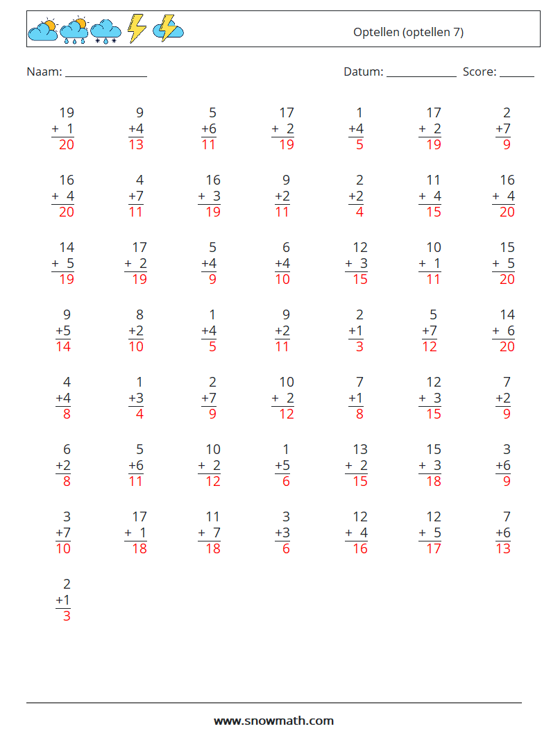 (50) Optellen (optellen 7) Wiskundige werkbladen 1 Vraag, Antwoord