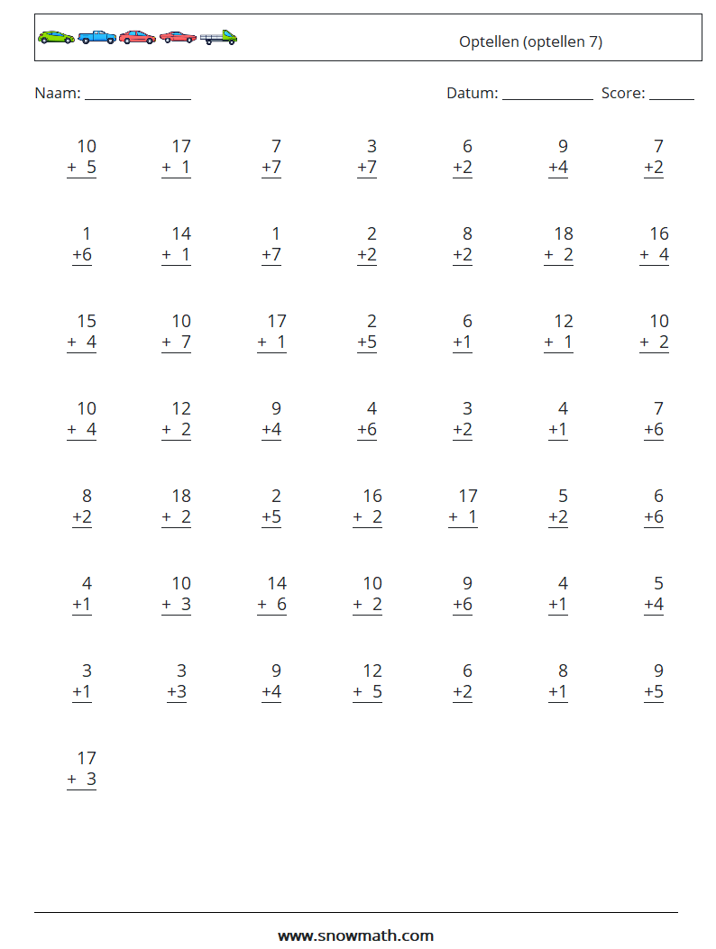 (50) Optellen (optellen 7) Wiskundige werkbladen 2