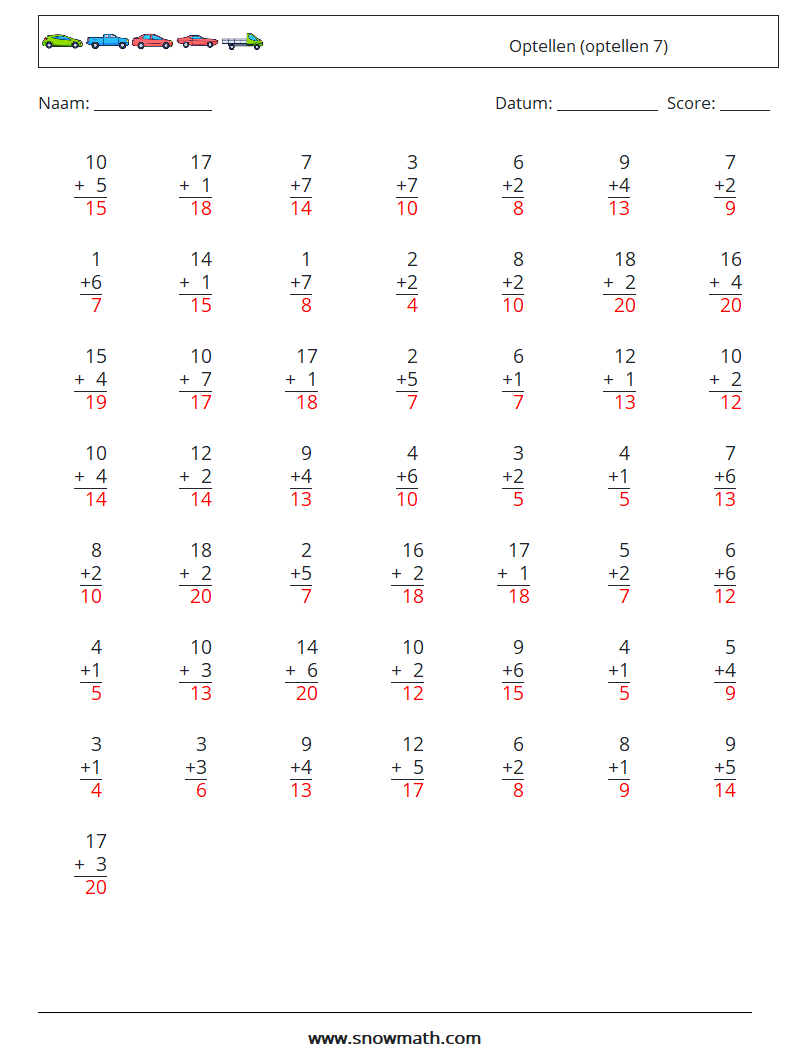 (50) Optellen (optellen 7) Wiskundige werkbladen 2 Vraag, Antwoord