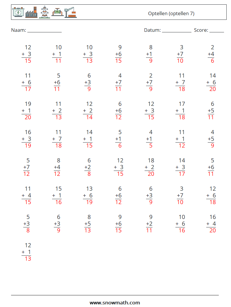 (50) Optellen (optellen 7) Wiskundige werkbladen 3 Vraag, Antwoord