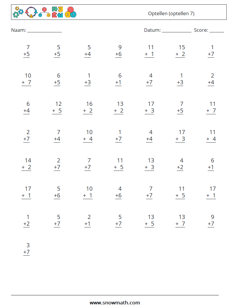 (50) Optellen (optellen 7) Wiskundige werkbladen 4