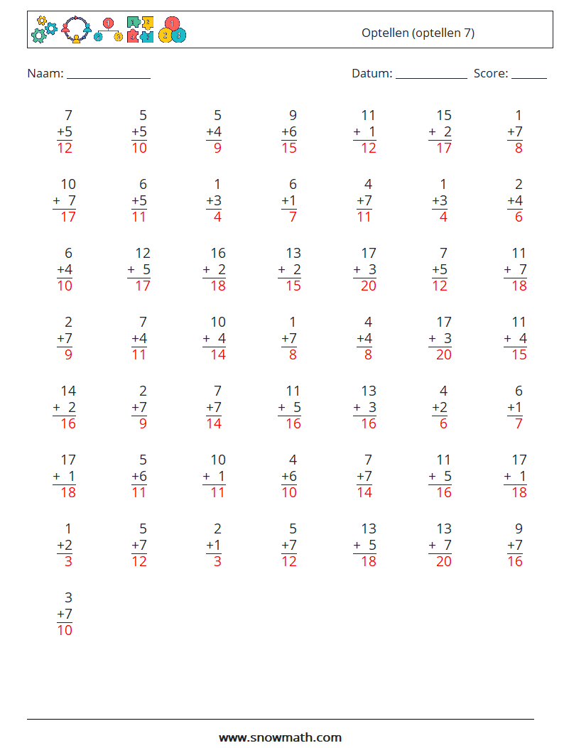 (50) Optellen (optellen 7) Wiskundige werkbladen 4 Vraag, Antwoord