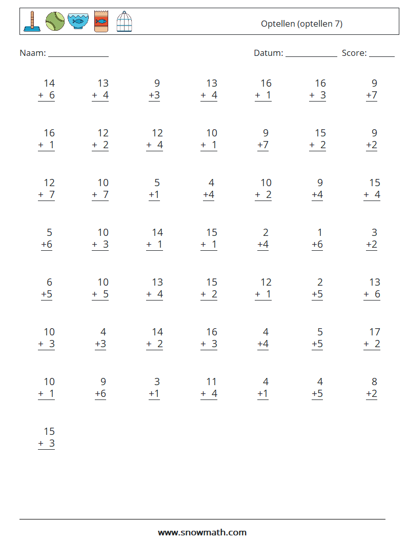 (50) Optellen (optellen 7) Wiskundige werkbladen 6