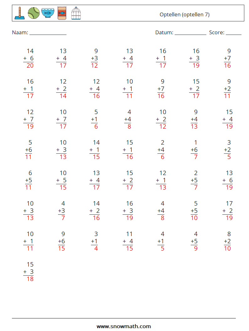 (50) Optellen (optellen 7) Wiskundige werkbladen 6 Vraag, Antwoord