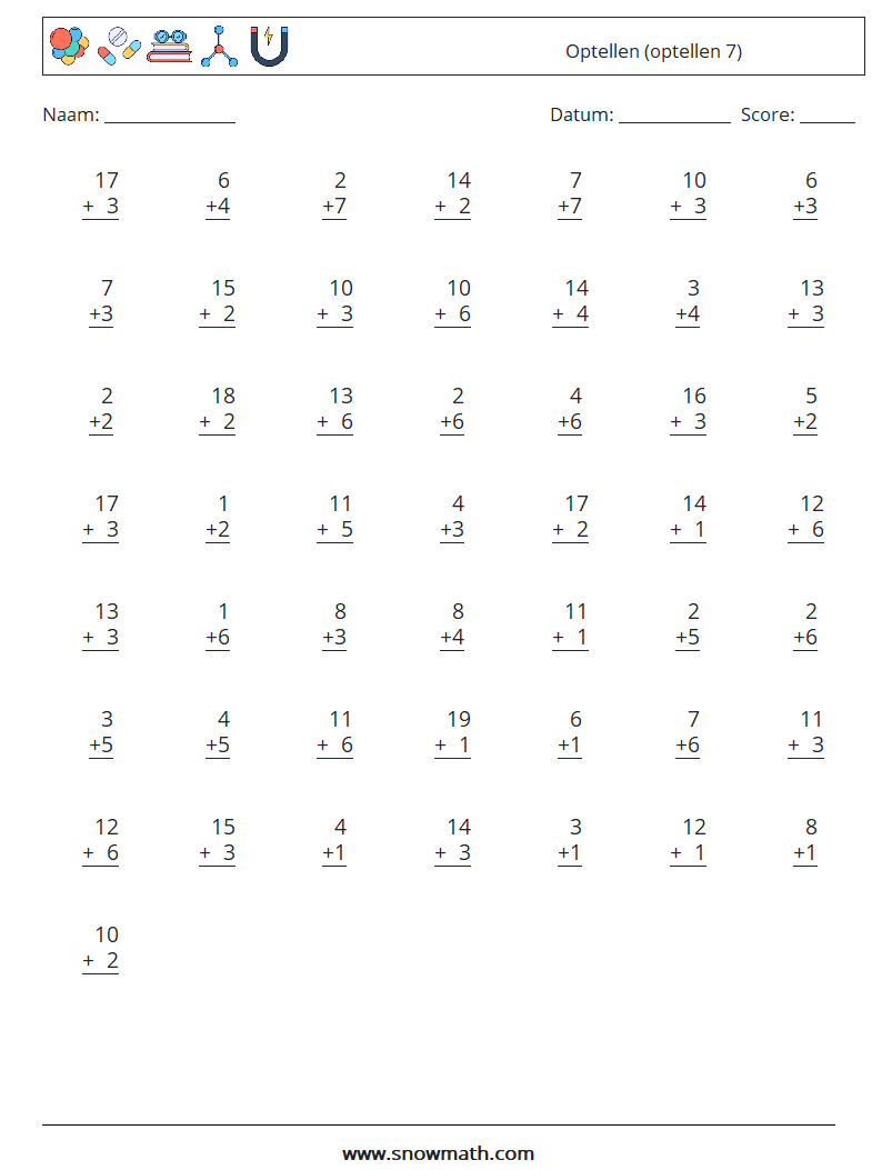 (50) Optellen (optellen 7) Wiskundige werkbladen 7