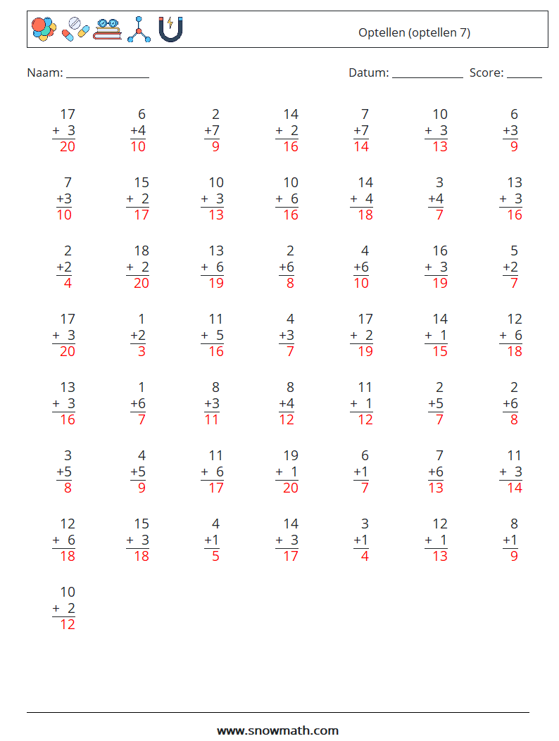 (50) Optellen (optellen 7) Wiskundige werkbladen 7 Vraag, Antwoord