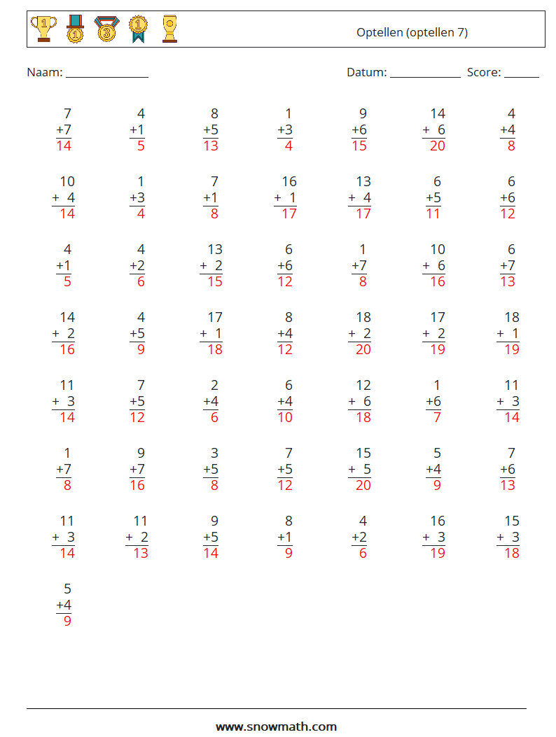 (50) Optellen (optellen 7) Wiskundige werkbladen 8 Vraag, Antwoord