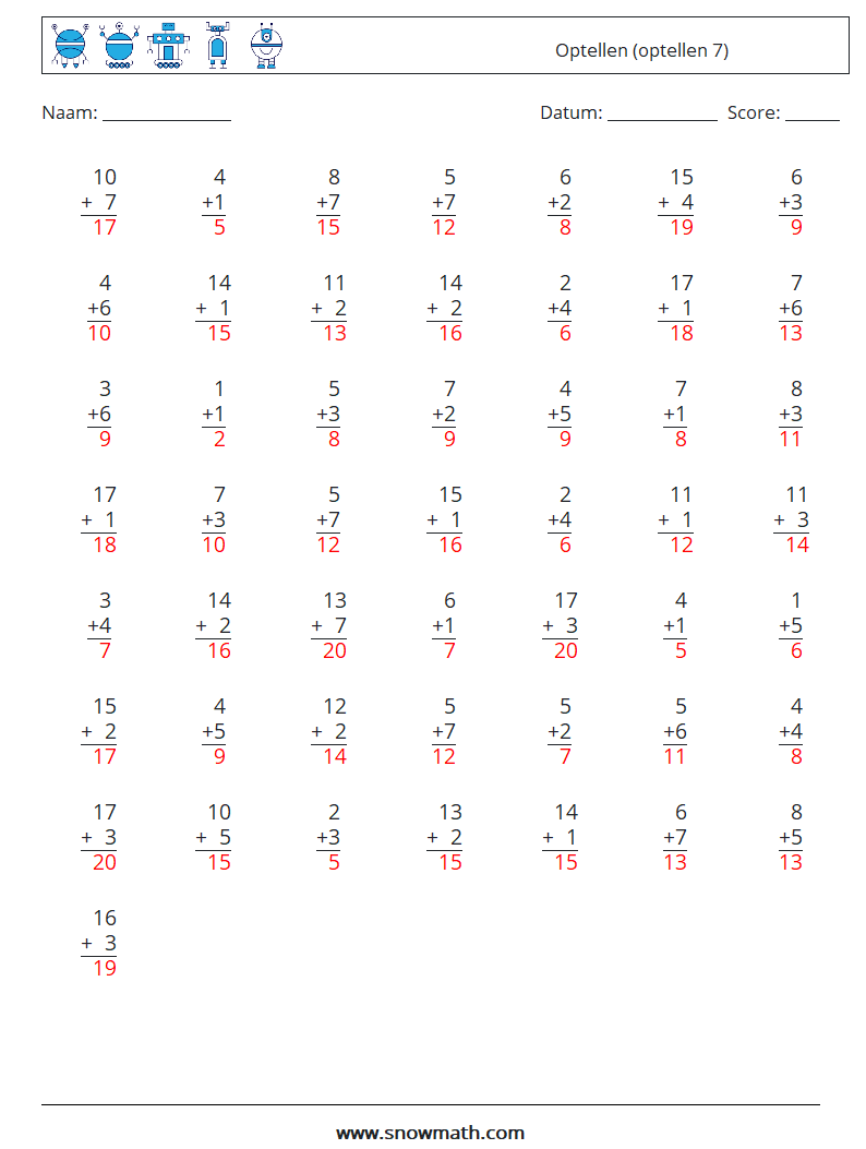 (50) Optellen (optellen 7) Wiskundige werkbladen 9 Vraag, Antwoord