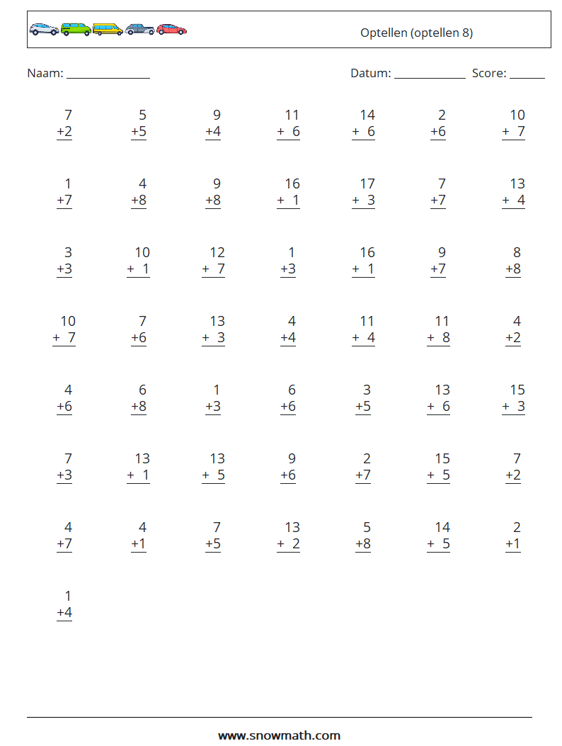 (50) Optellen (optellen 8) Wiskundige werkbladen 1