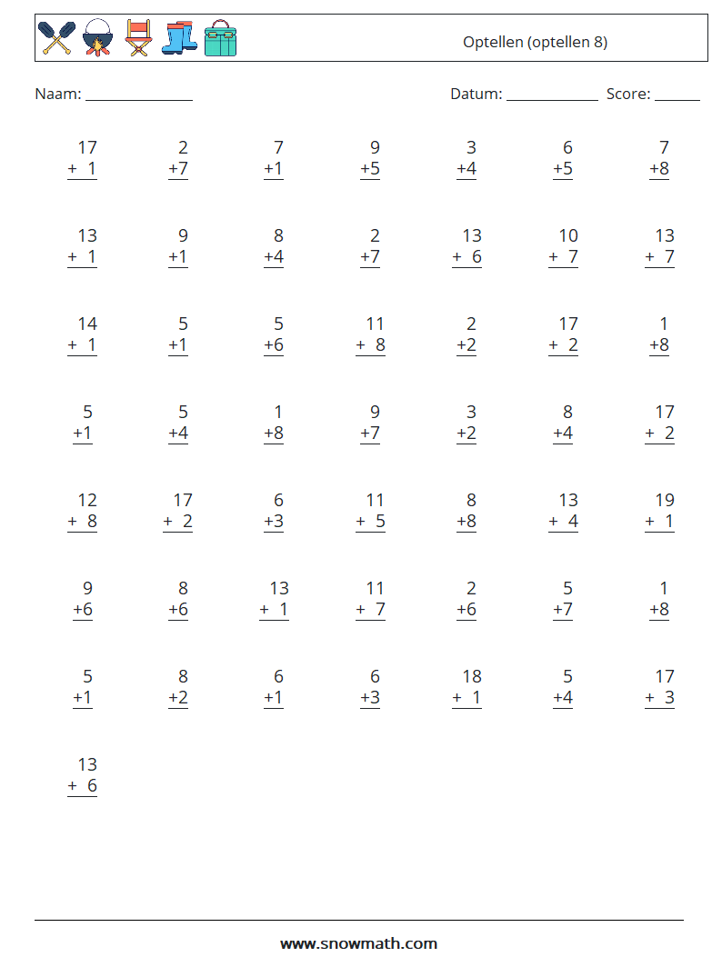 (50) Optellen (optellen 8) Wiskundige werkbladen 11