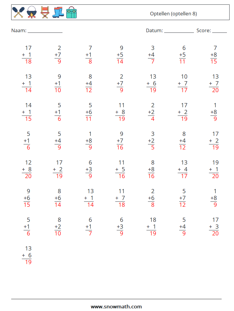 (50) Optellen (optellen 8) Wiskundige werkbladen 11 Vraag, Antwoord