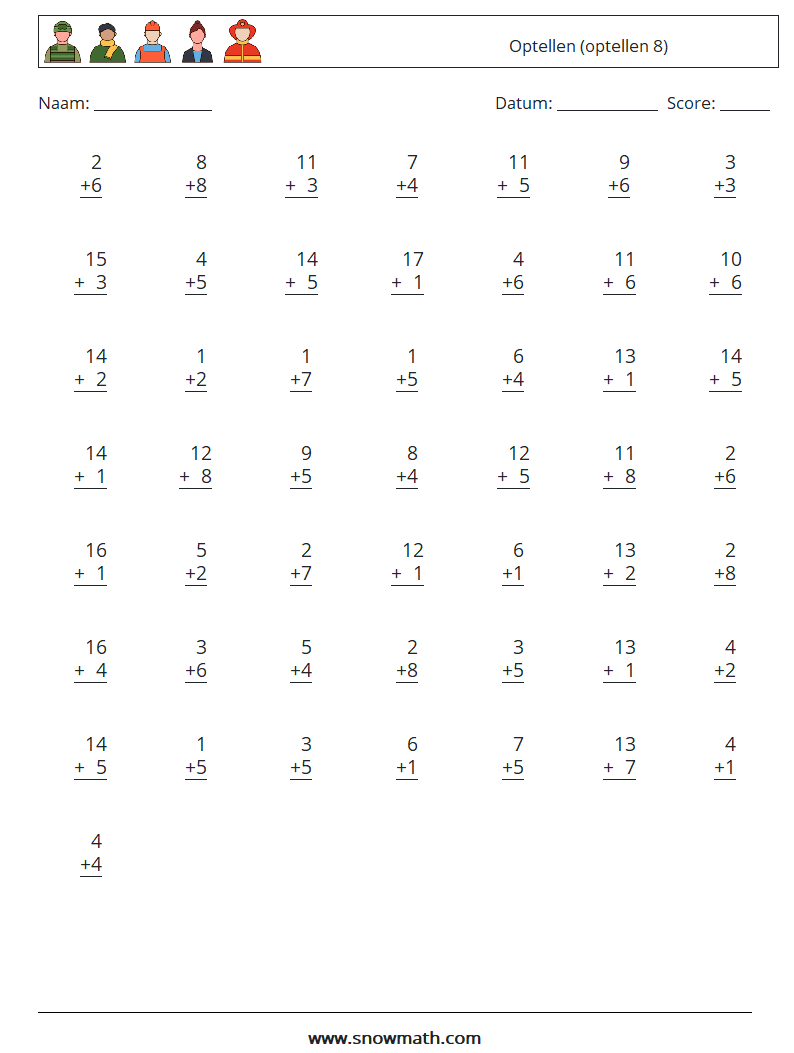 (50) Optellen (optellen 8) Wiskundige werkbladen 12