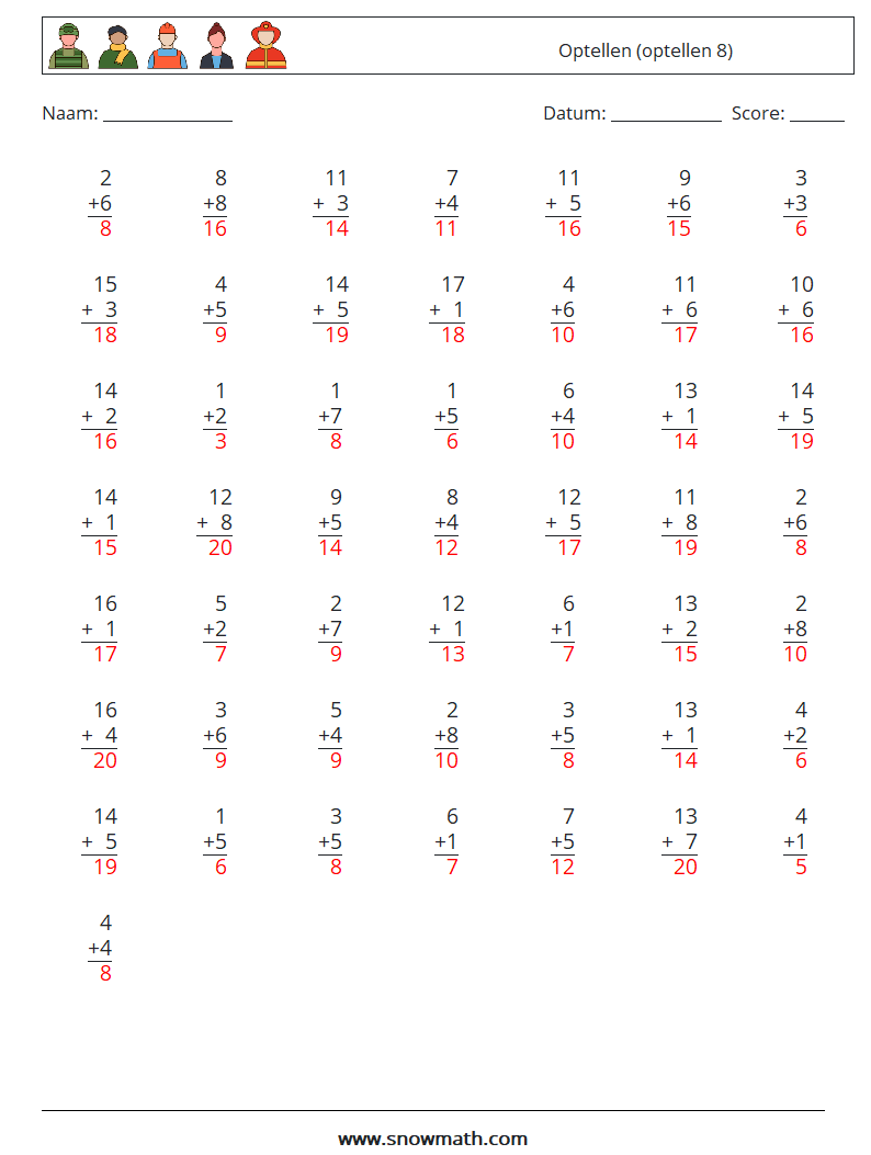 (50) Optellen (optellen 8) Wiskundige werkbladen 12 Vraag, Antwoord