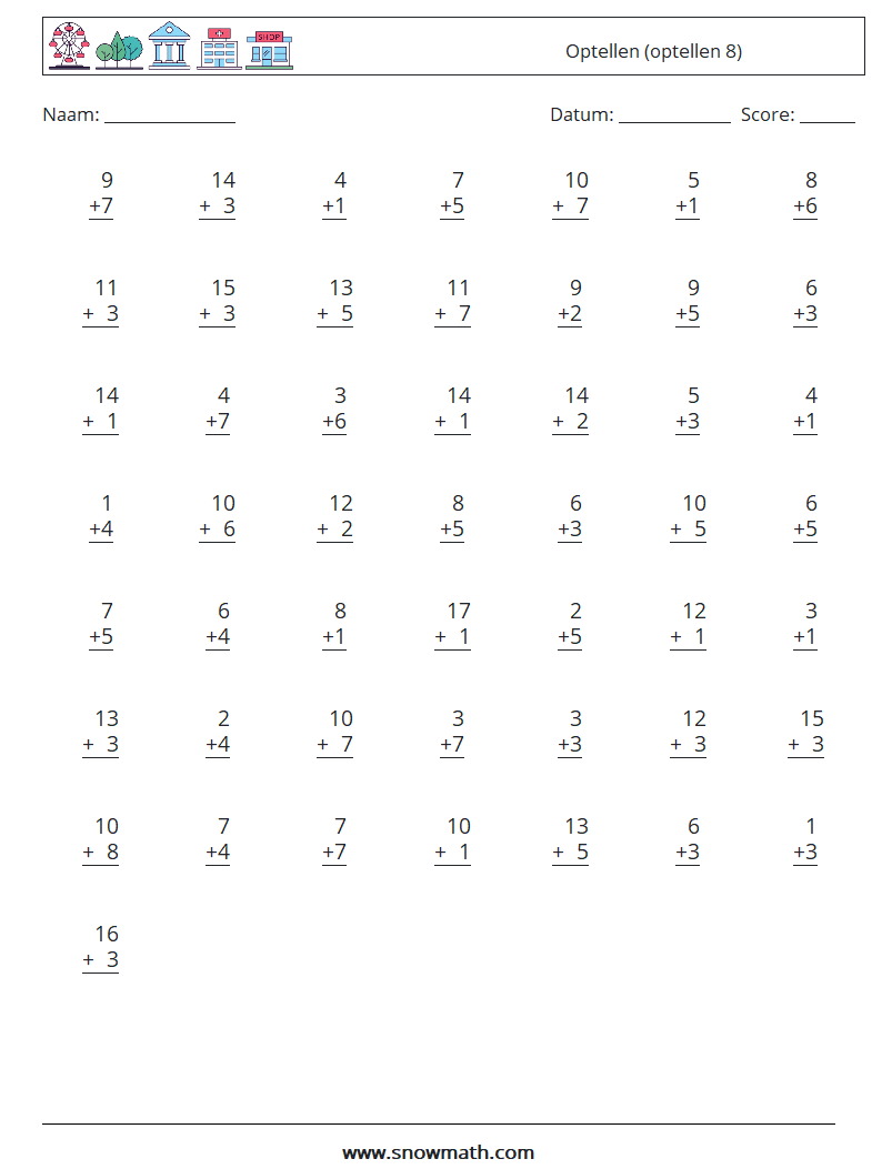 (50) Optellen (optellen 8) Wiskundige werkbladen 13