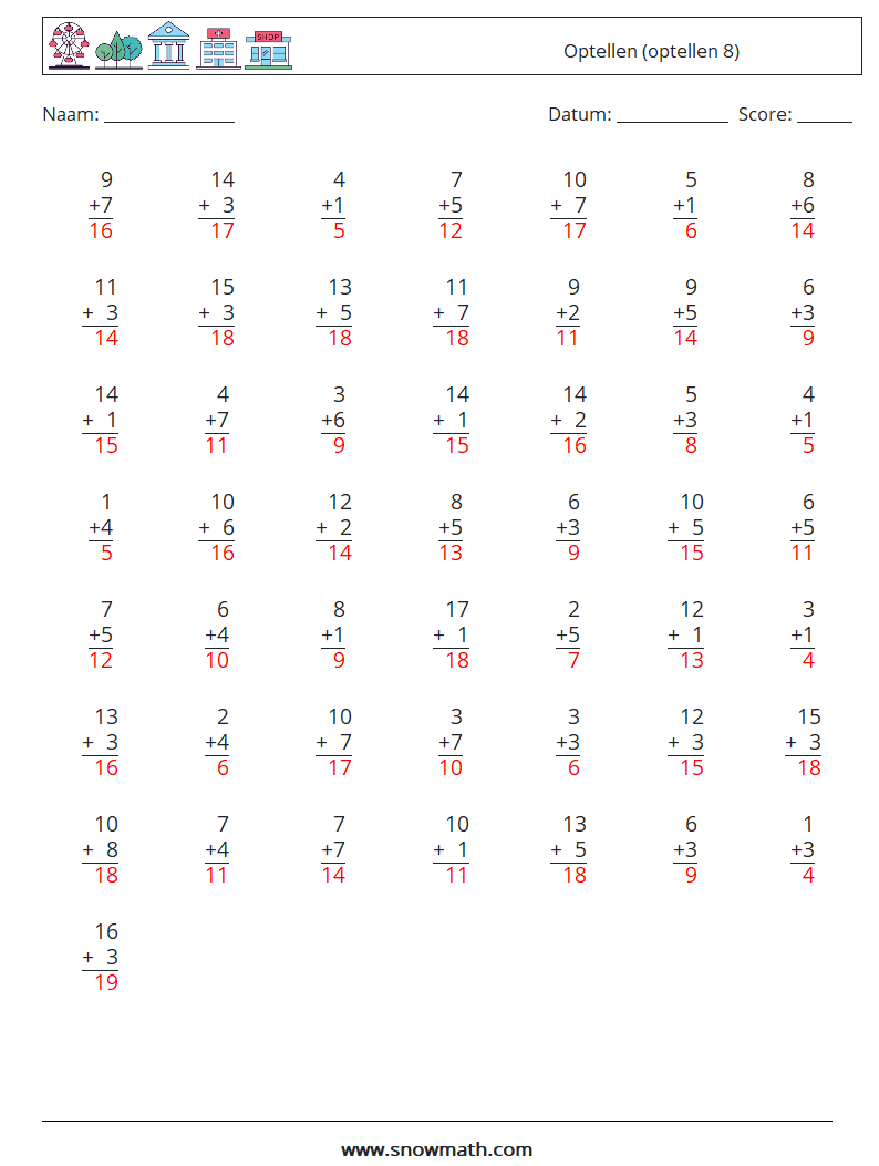 (50) Optellen (optellen 8) Wiskundige werkbladen 13 Vraag, Antwoord