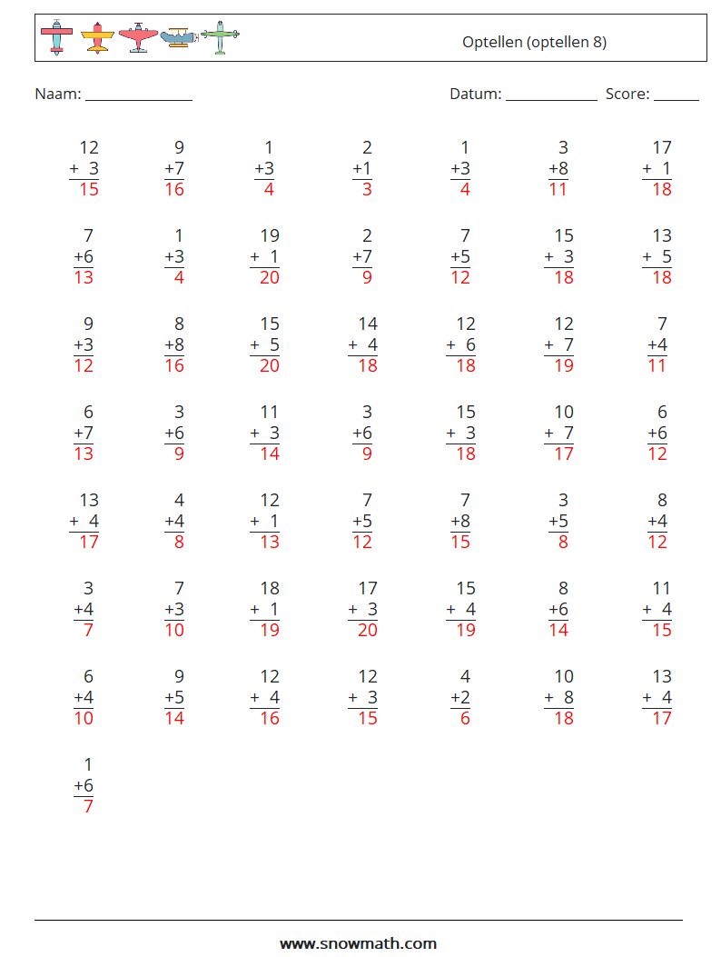 (50) Optellen (optellen 8) Wiskundige werkbladen 14 Vraag, Antwoord