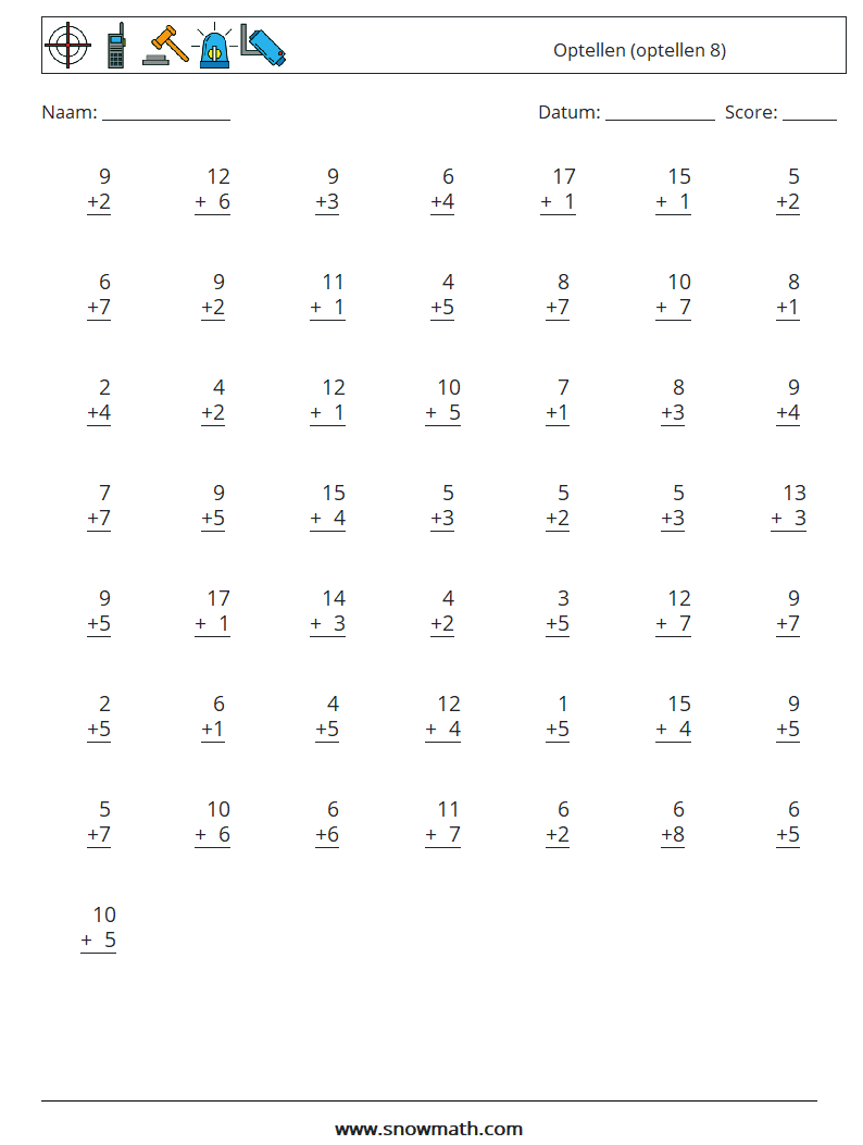 (50) Optellen (optellen 8) Wiskundige werkbladen 17