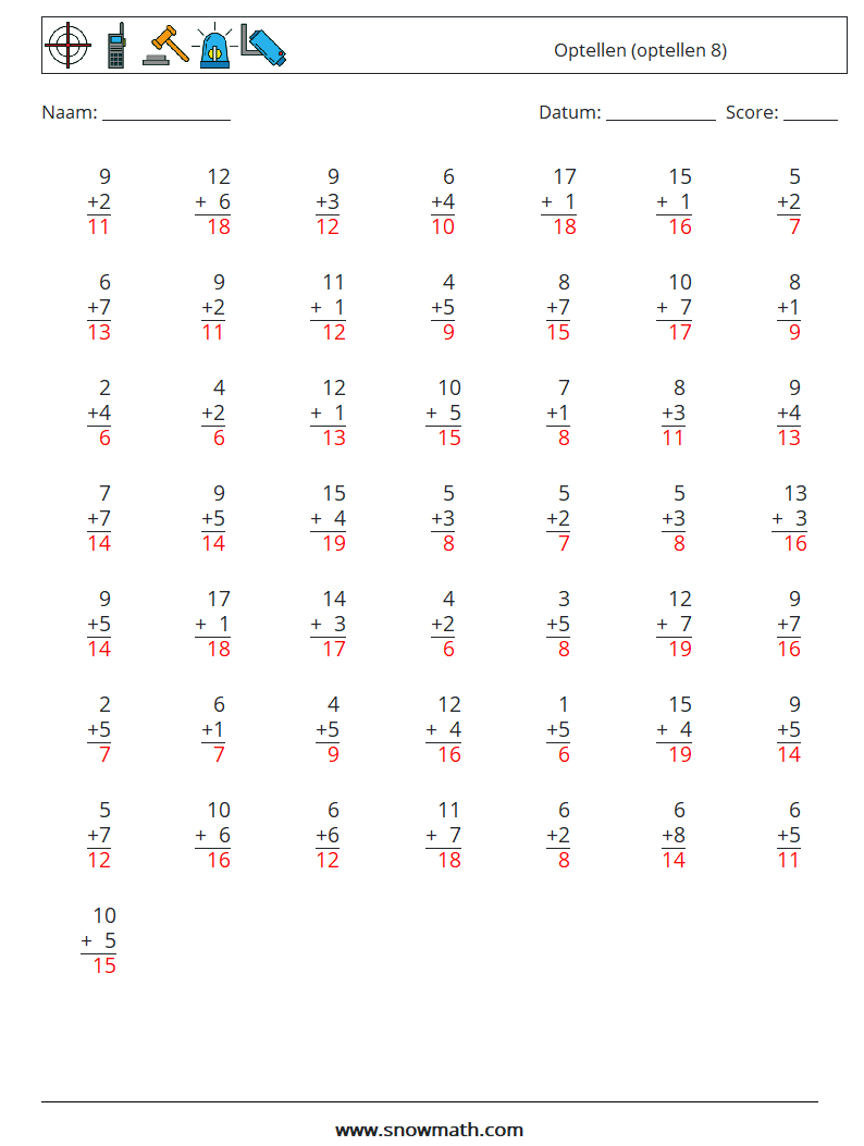 (50) Optellen (optellen 8) Wiskundige werkbladen 17 Vraag, Antwoord