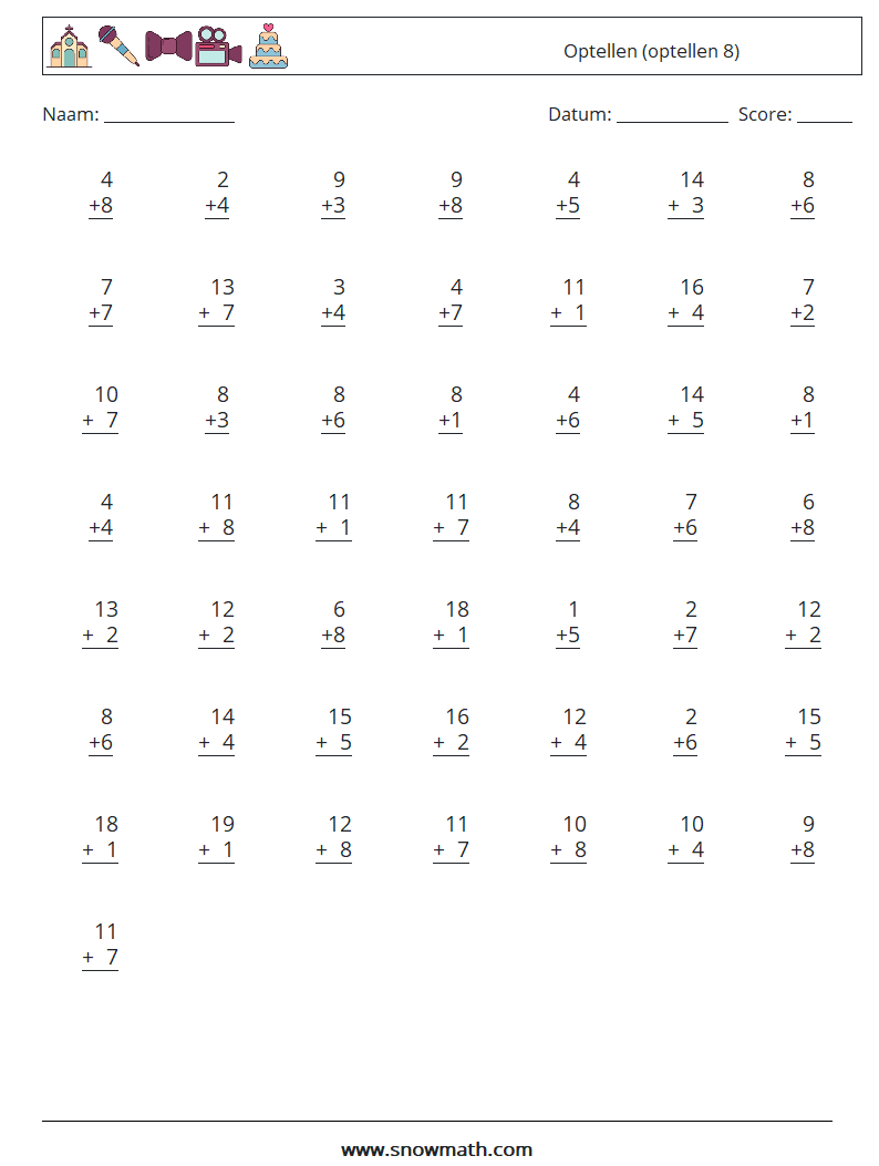 (50) Optellen (optellen 8) Wiskundige werkbladen 18