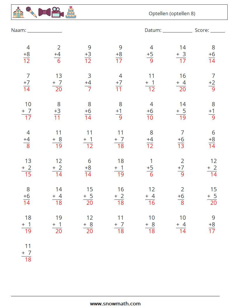 (50) Optellen (optellen 8) Wiskundige werkbladen 18 Vraag, Antwoord