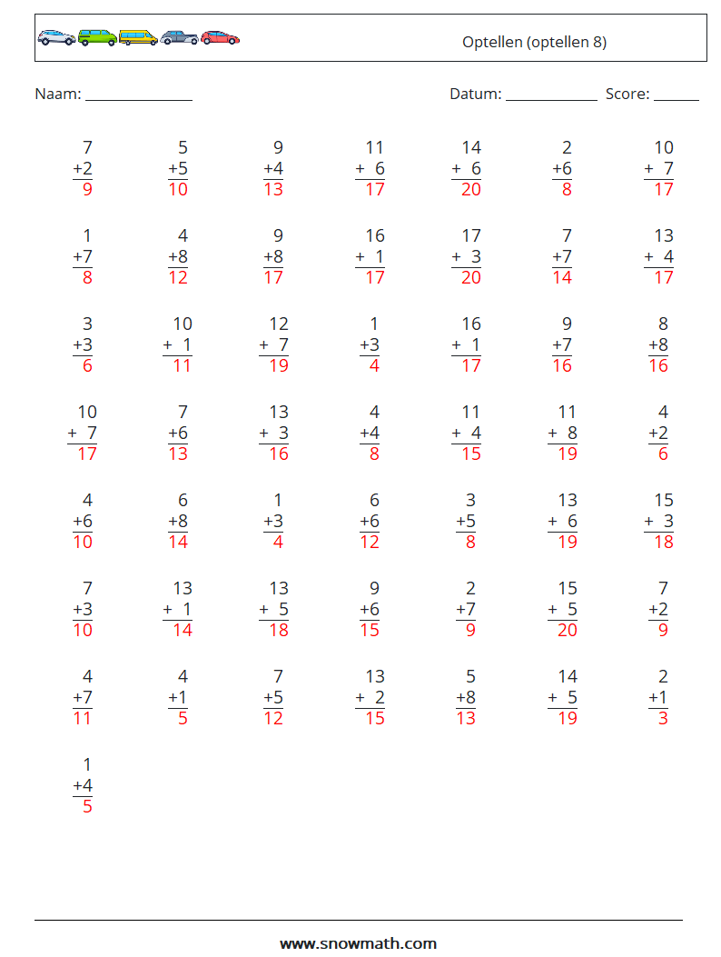 (50) Optellen (optellen 8) Wiskundige werkbladen 1 Vraag, Antwoord