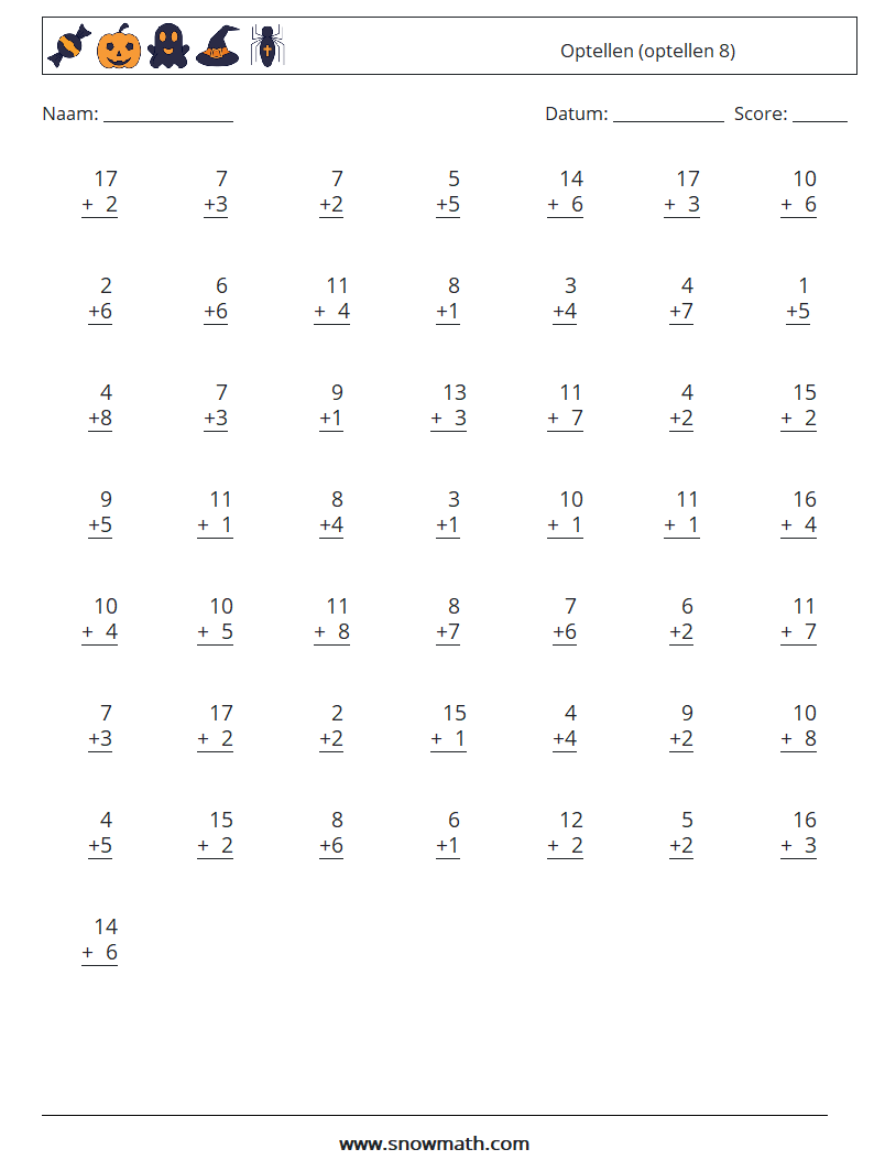 (50) Optellen (optellen 8) Wiskundige werkbladen 2