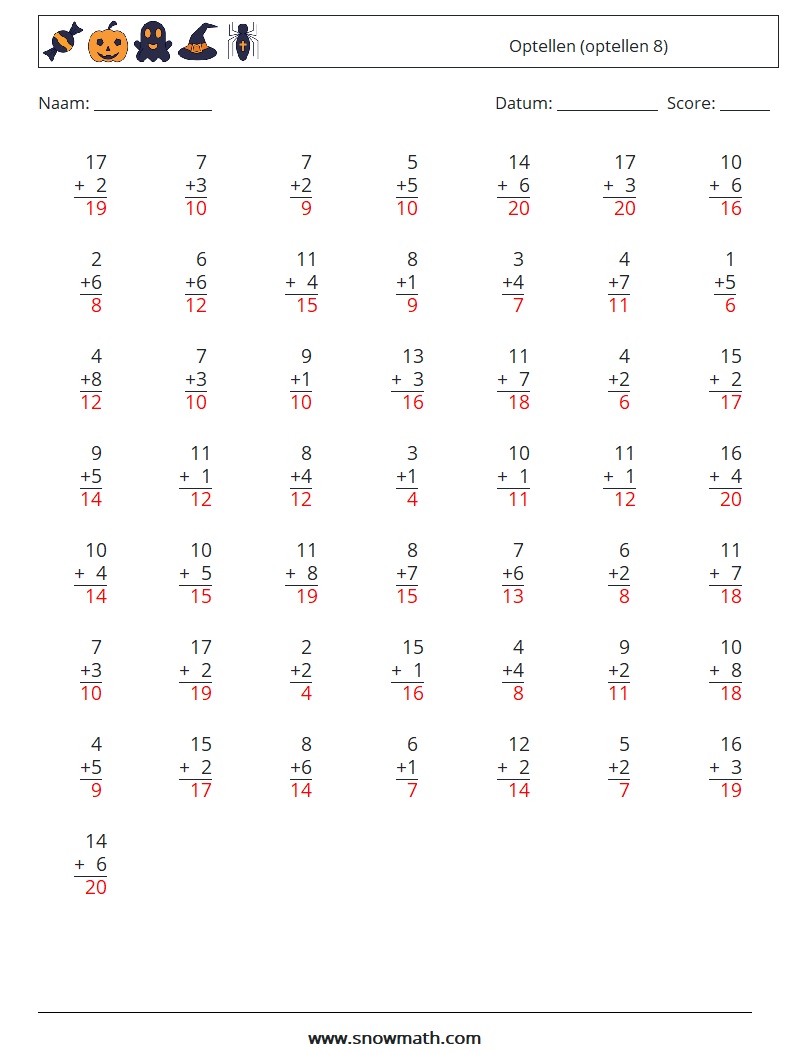 (50) Optellen (optellen 8) Wiskundige werkbladen 2 Vraag, Antwoord