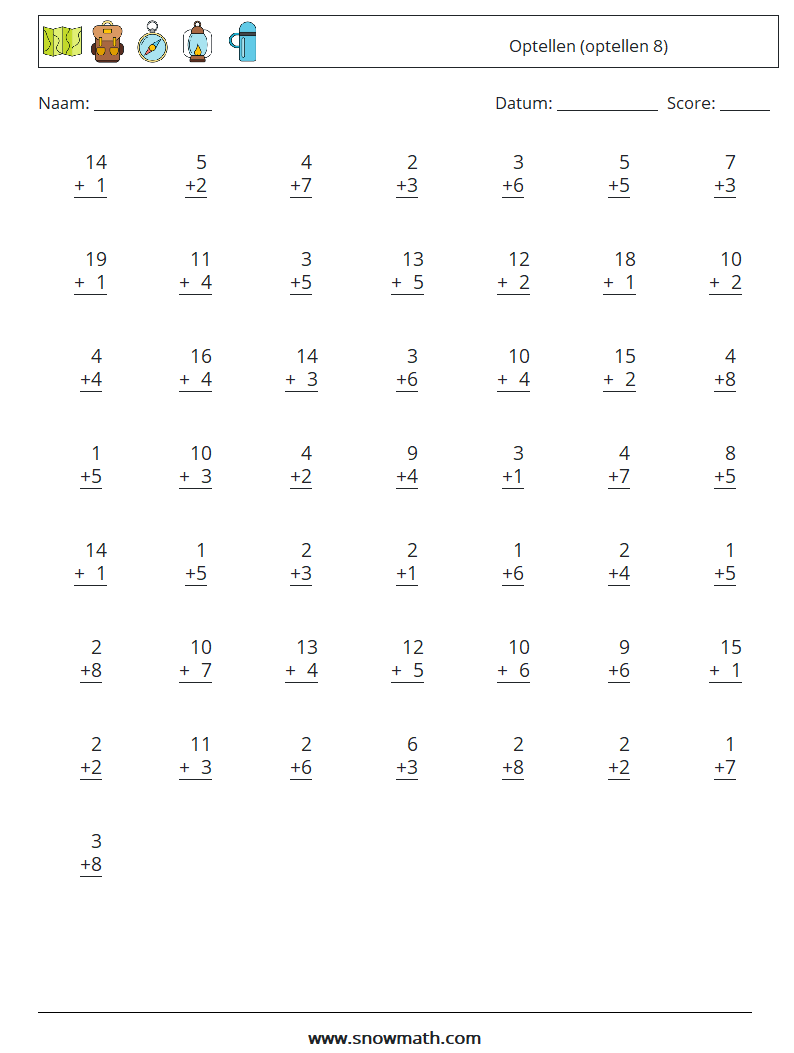 (50) Optellen (optellen 8) Wiskundige werkbladen 3