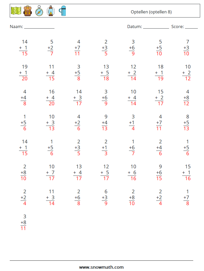 (50) Optellen (optellen 8) Wiskundige werkbladen 3 Vraag, Antwoord