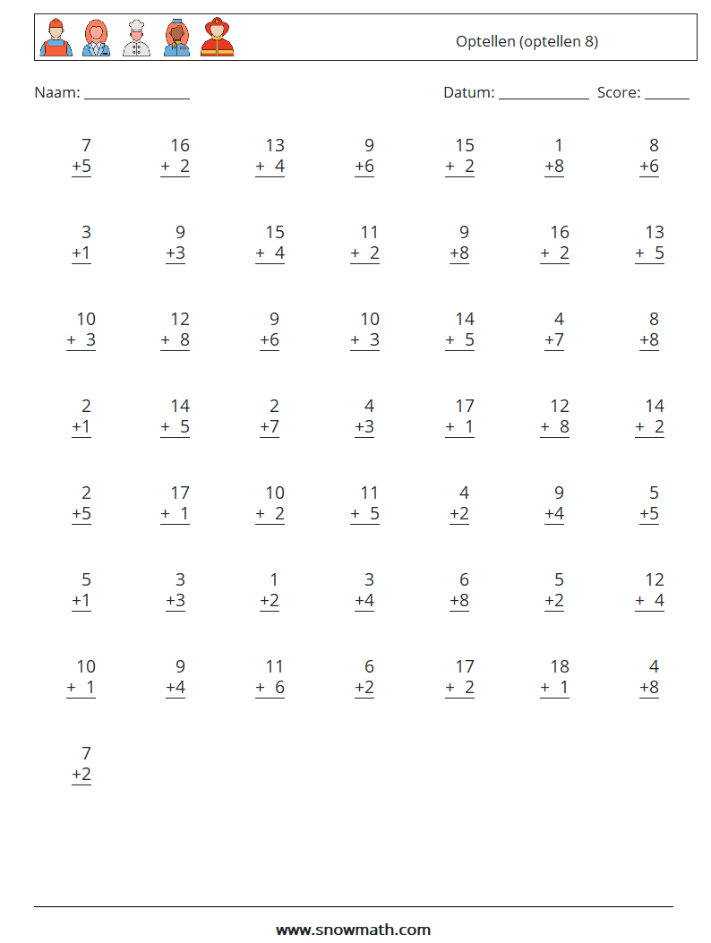 (50) Optellen (optellen 8) Wiskundige werkbladen 4